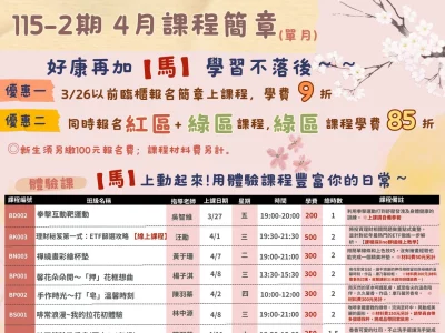 115年4月單月課程 救國團【中壢】終身學習中心課程